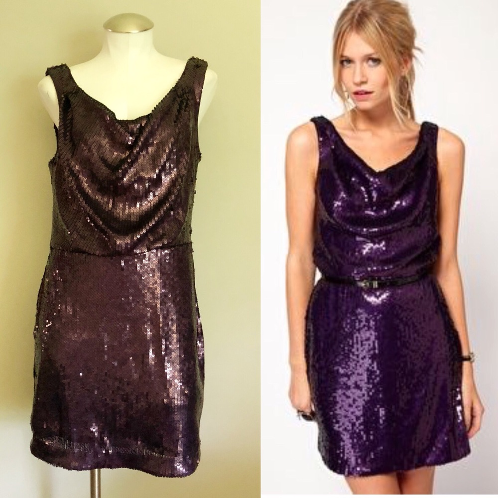 Oasis Purple Sequin Cowl Dress